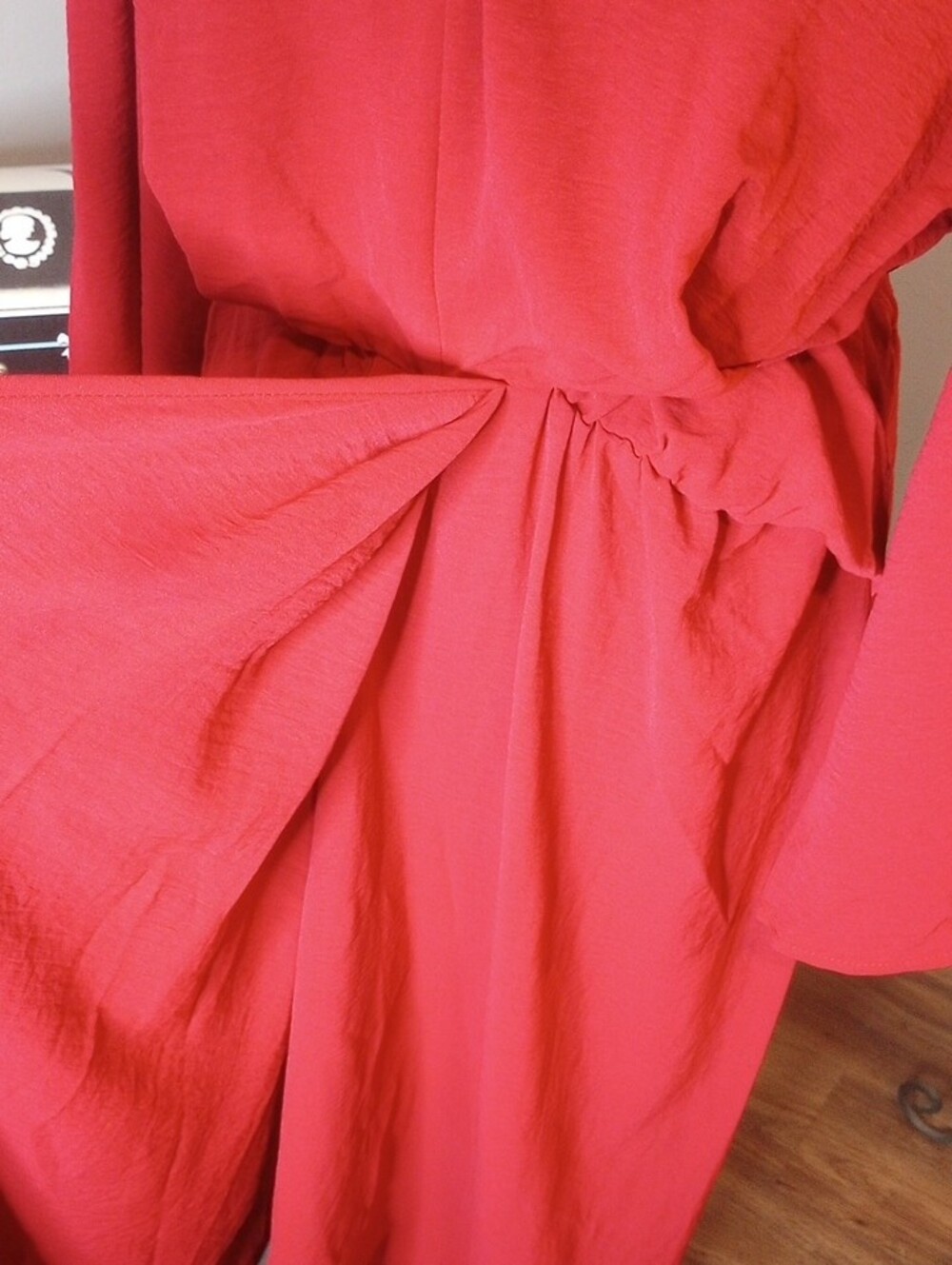 2 For $10 Red Long Sleeve Waist-Detail Wrap Dress - Picture 3 of 10